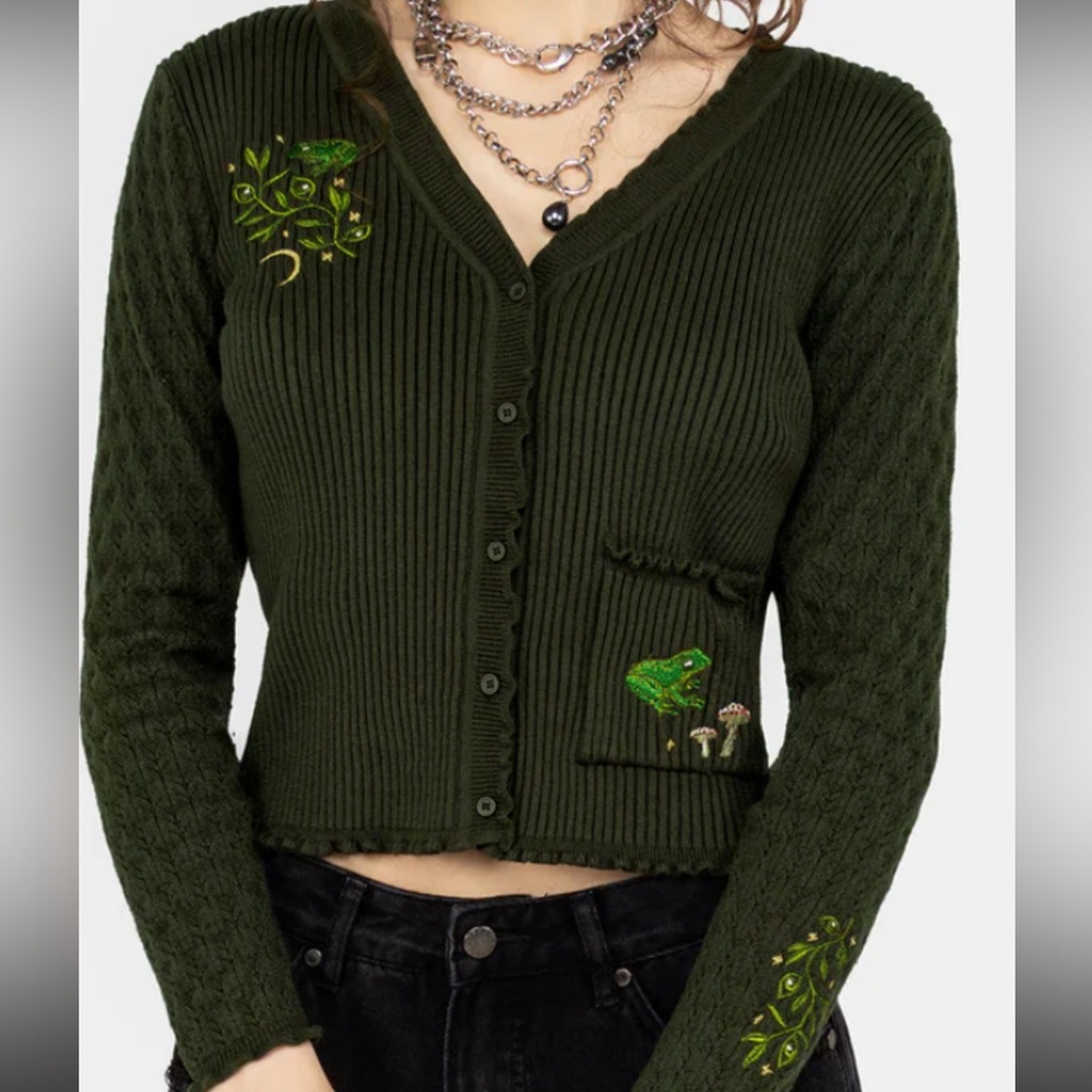 Disturbia Olive Green Embroidered Cardigan